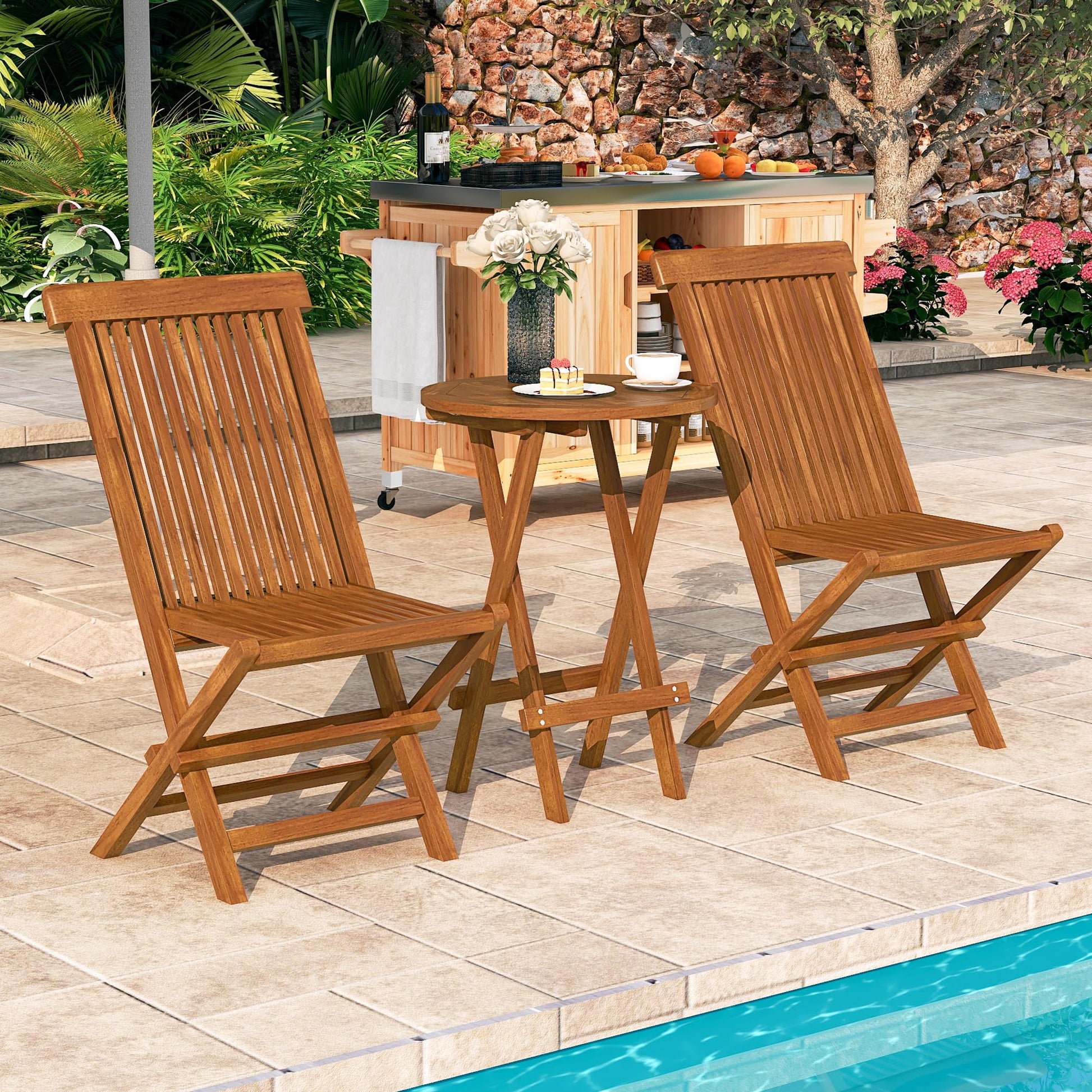 YITAHOME 3 Piece Teak Wood Patio Bistro Set with 2 Folding Chairs and Round Table, Folding Dining Table and Chairs with Metal Buckles for Backyard, Balcony, Pool, Porch, Deck - WoodArtSupply