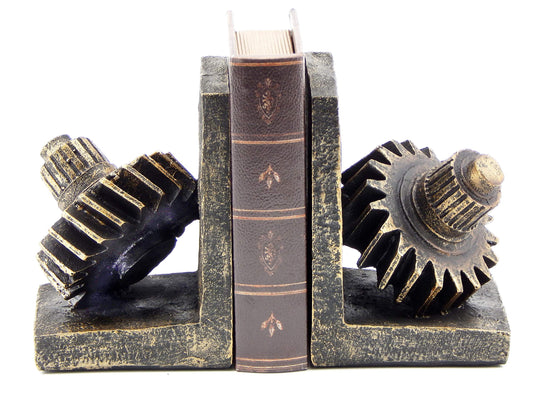 Bellaa 29578 Decorative Bookend Gear Book Ends Industrial Rustic Vintage Unique Heavy Statues Bookshelves Stopper Support Home Decor Accents