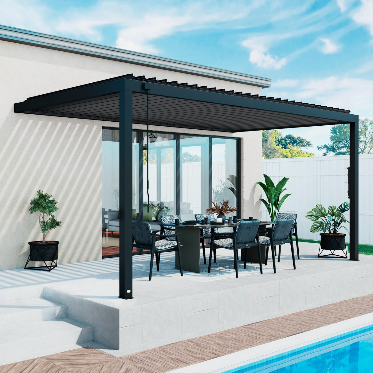 Backyard Discovery Evanston 16'x10' Galvanized Steel Wall-Mounted Louvered Pergola Kit with Adjustable Roof, Shade, Rain Protection, High-Wind Rating, PowerPort, Gutter System for Outdoor Patio, Deck Backyard Discovery