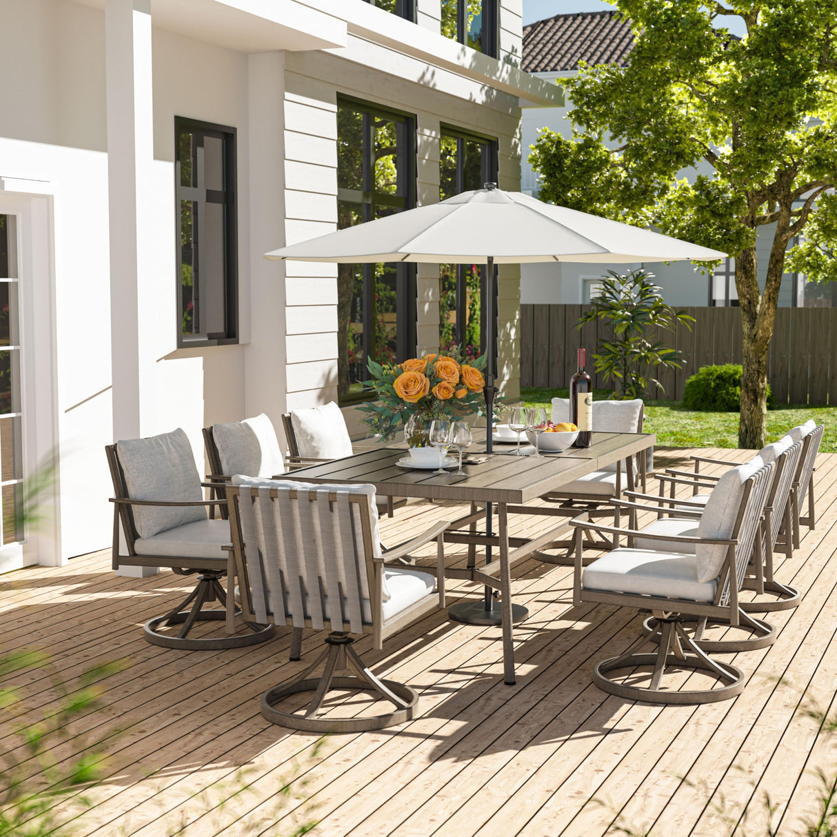 HAPPATIO 9-Piece Patio Table and Chairs Set for 8, Aluminum Outdoor Dining Set with Cushions, 8 Swivel Dining Chairs, 1 Large Rectangular Table with Umbrella Hole for Lawn, Porch, Backyard, Grey HAPPATIO