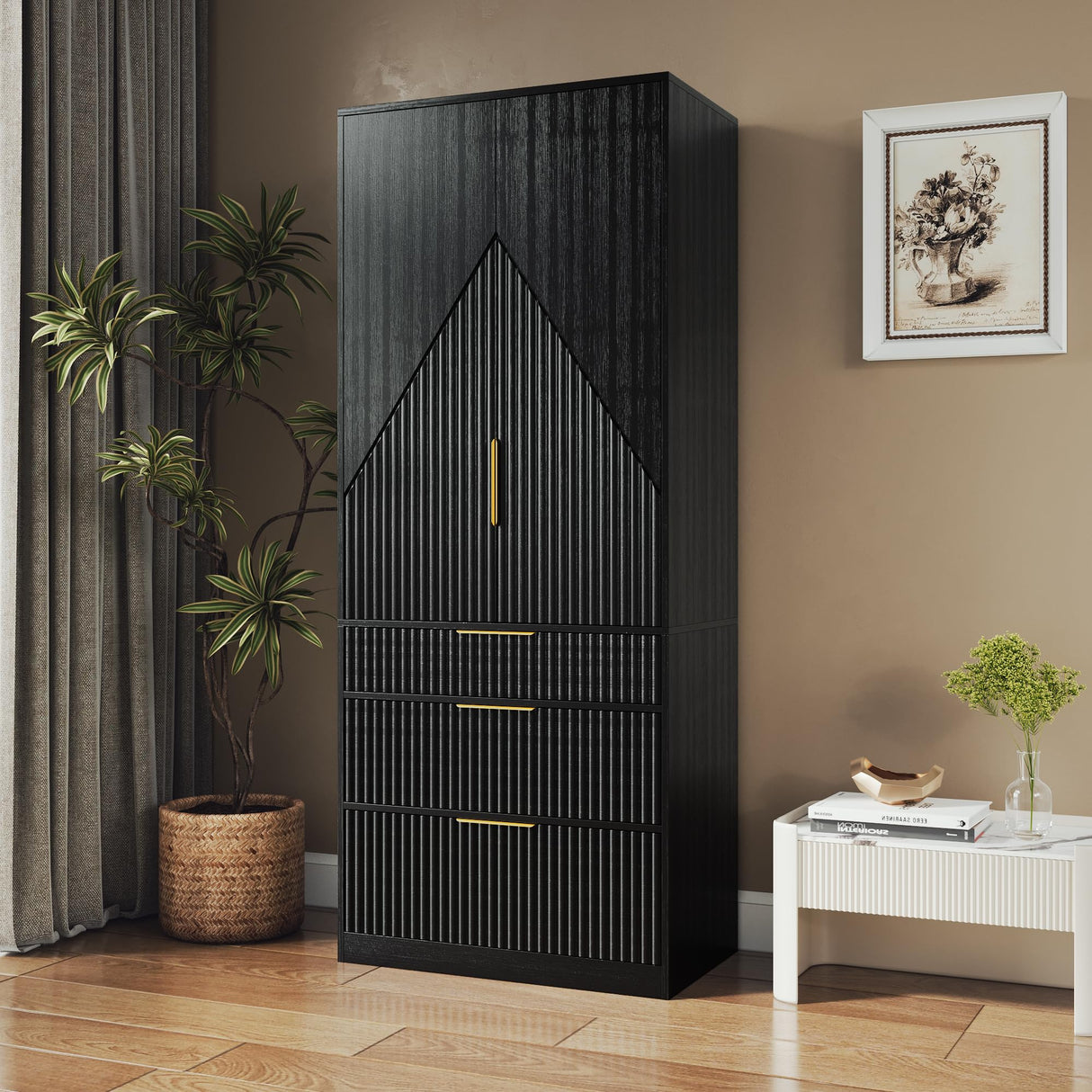 71.7 " Wardrobe Armoire Wooden Closet with 2 Doors and 3 Drawer, Bedroom Armoire with Hanging Rod Shelf, Large Capacity Storage Wardrobe Armoire, Freestanding Wooden Closet Storage Cabinet Black TOKSOM