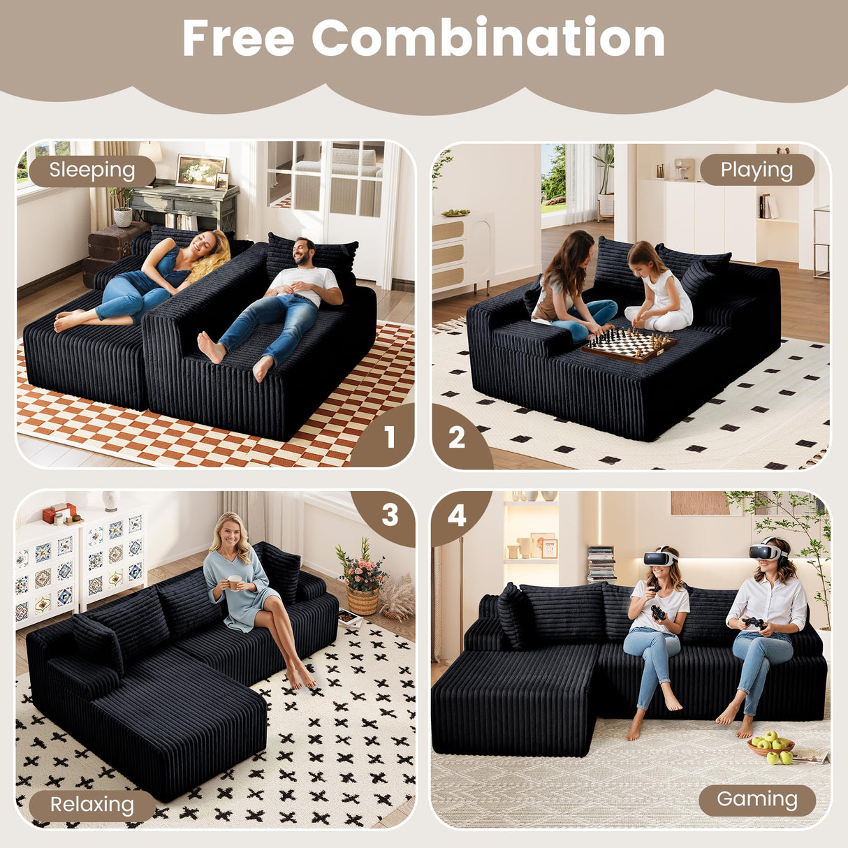 Boneless Couch, Upholstered Cloud Sectional Couch with L Shape Chaise, Fluffy Comfy Cloud Sofa with Deep Seat & Throw Pillows, Boneless Couches for Living Room, No Assembly Required, Black EROMMY