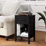 Farmhouse Nightstand with Drawer, Wood Bedside Table with Open Shelf, Modern Bedside Cabinet for Bedroom, Small End Table, Side Tables with Storage Shelf for Bedroom Black LET512B YAUKTAK