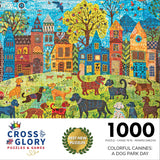 Cross & Glory - Colorful Canines: A Dog Park Day - 1000 Piece Folk Art Style Jigsaw Puzzle for Adults | Vibrant City Scene with Playful Pups | Perfect for Dog Lovers Cross & Glory