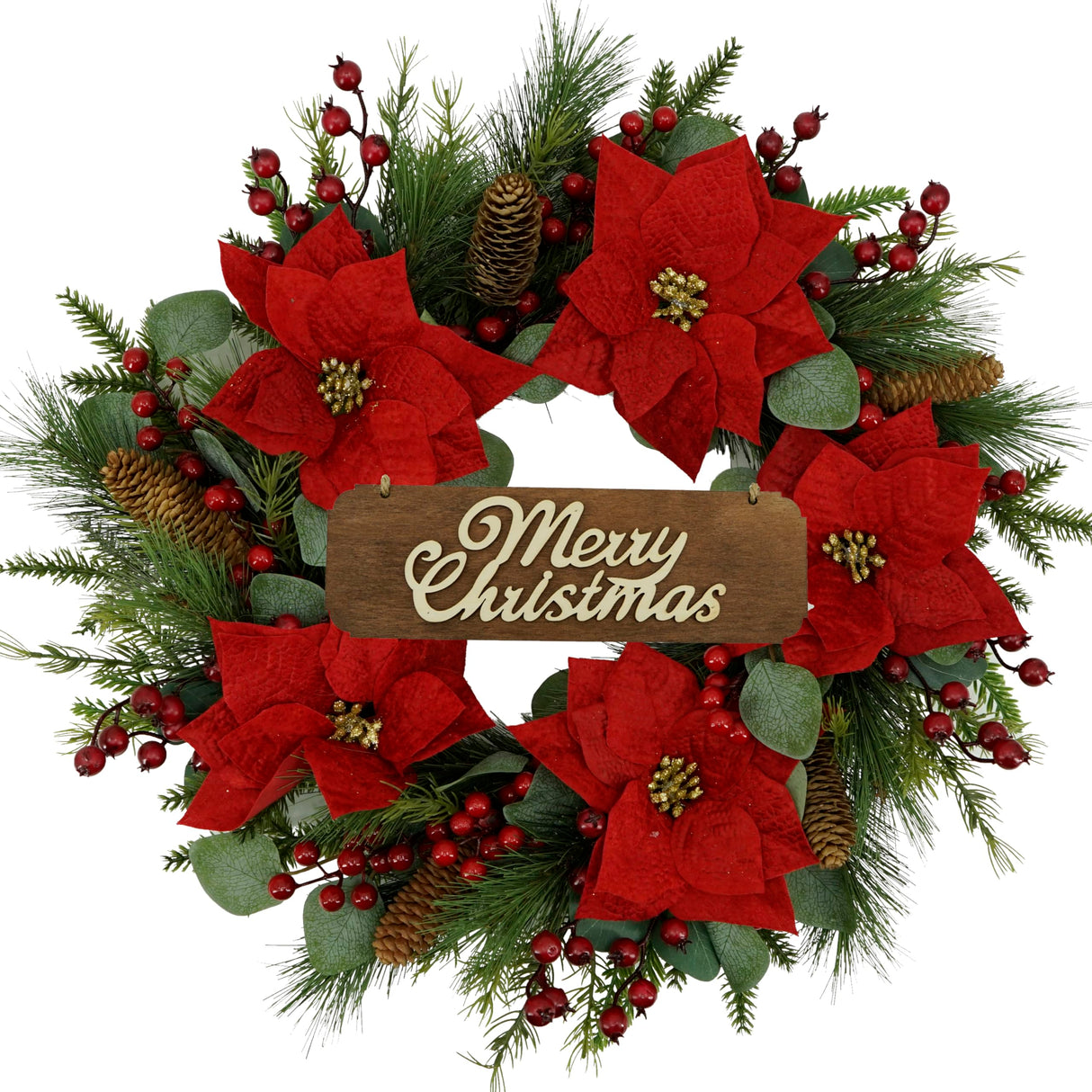 AMF0RESJ 20 inch Artificial Christmas Wreath Winter Wreath with Poinsettia,Eucalyptus Leaves,red Berry,Pine Cones,Pine Needles for Indoor Outdoor Farmhouse Home Wall Window Festival Wedding Decor AMF0RESJ