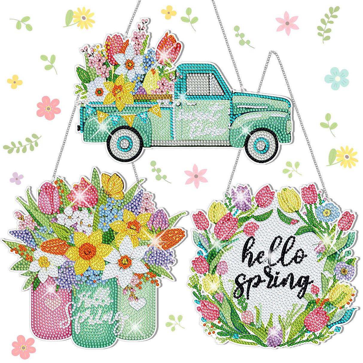 Menkxi 3 Pcs Spring Flowers Diamond Painting Kit DIY Spring Diamond Painting Hanging Sign Crystal Rhinestone Door Sign Wall Hanging Crafts for Beginners Gift Home Wall Window Decor Menkxi