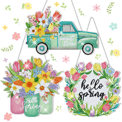 Menkxi 3 Pcs Spring Flowers Diamond Painting Kit DIY Spring Diamond Painting Hanging Sign Crystal Rhinestone Door Sign Wall Hanging Crafts for Beginners Gift Home Wall Window Decor