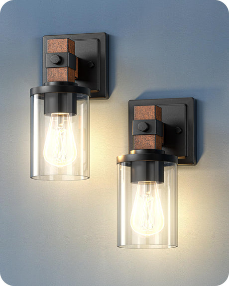 EDISHINE Wall Sconces Set of 2, Farmhouse Vanity Lights Fixtures for Bathroom, 1-Light Faux Wood Rustic Bath Wall Mount Lamp with Clear Glass Shade for Hallway, Living Room, Mirror, Kitchen EDISHINE