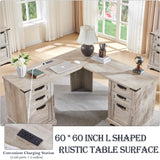 RedLemon 60" Farmhouse L Shaped Executive Desk with Drawers, Wood Home Office Corner Desk with Charging Station, File Drawer, Storage Cabinet, Rustic Computer Writing Desk (Light Rustic Oak) RedLemon