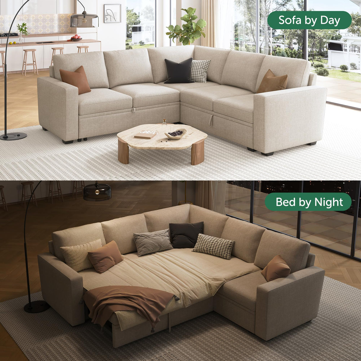 HONBAY Modular Sectional Sleeper Sofa with Pull Out Bed, L Shaped Sectional Couch with Storage Seat, Convertible Sectional Couches for Living Room, Beige HONBAY