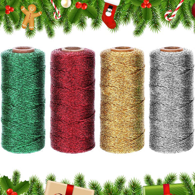 440 Yard Totally Christmas Metallic Bakers Twine Christmas Decorative Wrapping Twine String for Gift Wrapping, 4 Colors, Gold, Silver, Red, Green, 4 Rolls