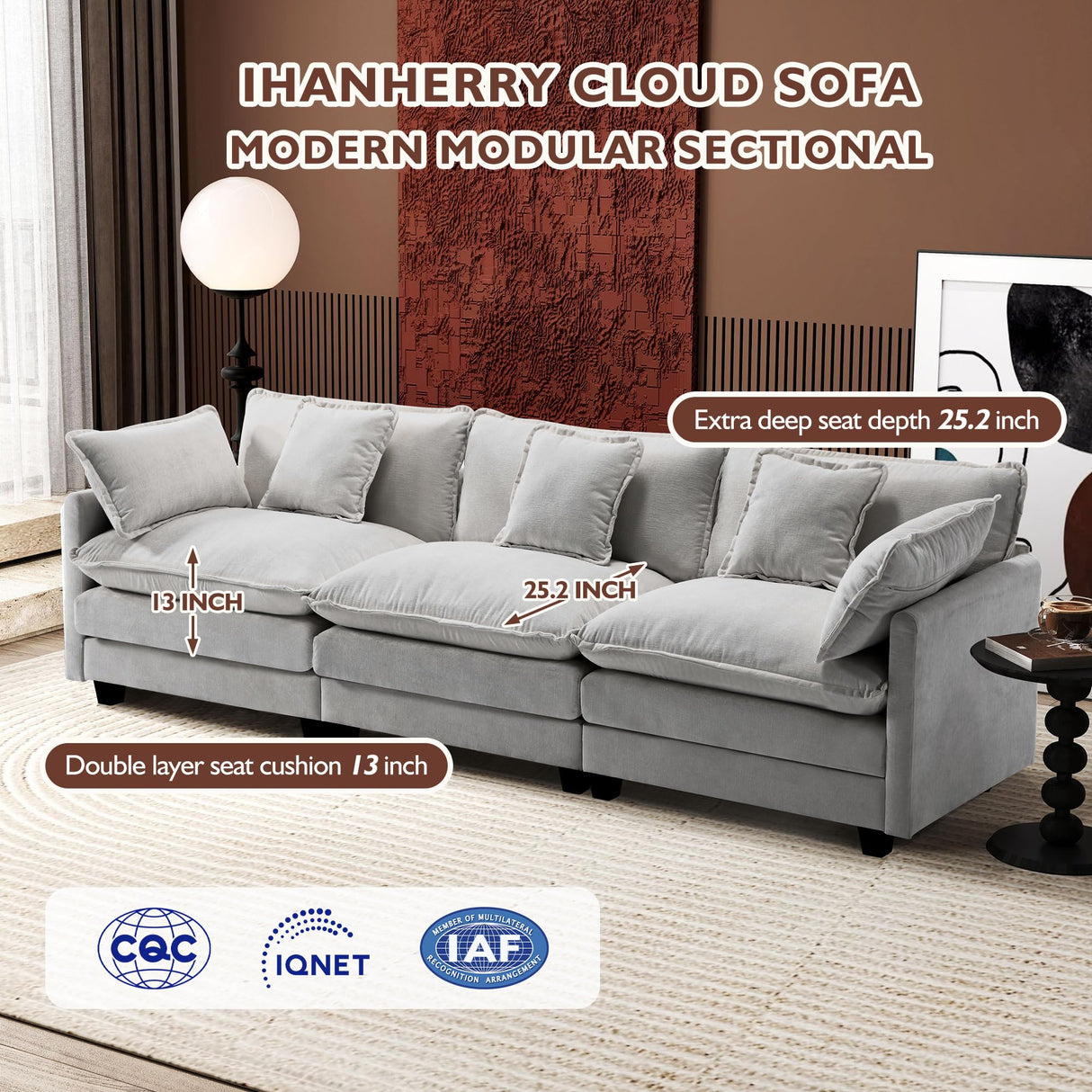 Ihanherry 111.4 Inch 3-Seater Cloud Sofa, Modular Sectional Couch, Modern Deep Seat Sofa for Living Room, Comfy Double Layer Upholstered Seat Cushion, Breathable Chenille Fabric, Grey Ihanherry