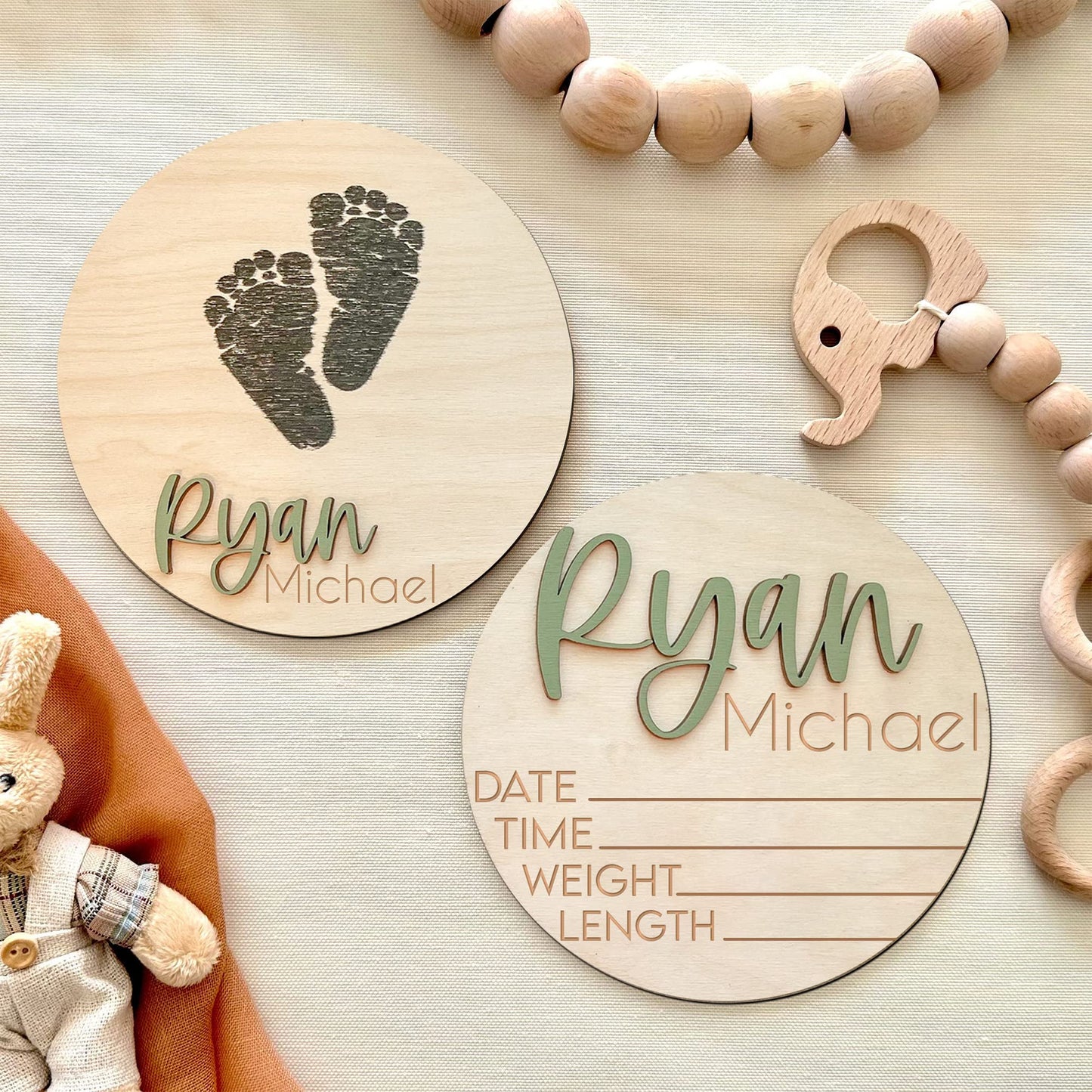 NAZENTI Personalized Wooden Baby Name Announcement Signs, Custom Baby Name Sign, Birth Announcement And Footprint Sign For Hospital, Baby Girl Or Boy, Welcome Signs, Baby Arrival Signs (#Desi - WoodArtSupply