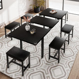 iPormis 7-Piece Dining Table Set with 6 Stools, 63" Extendable Kitchen Table Set for 4-8, Modern Dining Room Table with Sturdy Metal Frame, Space-Saving Dinette, Black iPormis