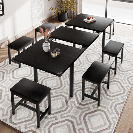 iPormis 7-Piece Dining Table Set with 6 Stools, 63" Extendable Kitchen Table Set for 4-8, Modern Dining Room Table with Sturdy Metal Frame, Space-Saving Dinette, Black iPormis