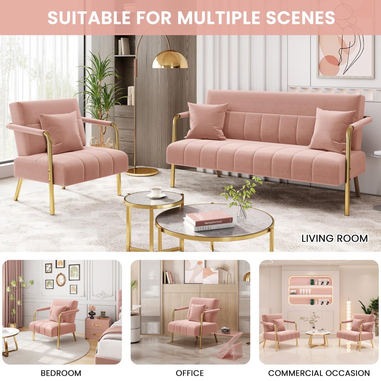 Yaheetech 30" W Modern Sofa Small Sofa Luxurious Velvet Fabric Couch with Gold-Tone Metal Arms and Legs for Living Room, Home Office, Studio Pink Yaheetech