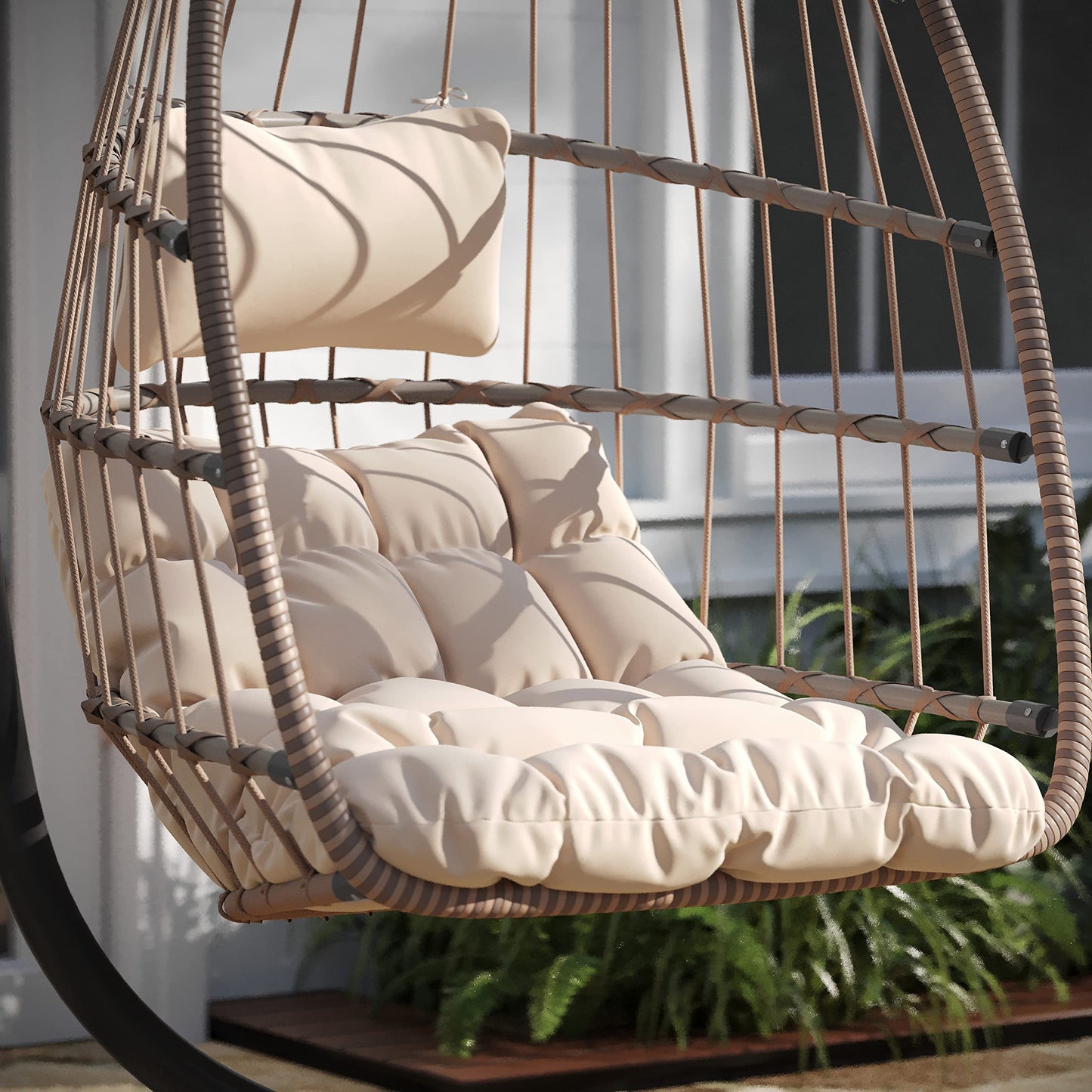 Taylor & Logan Corbin Natural Patio Hanging Wicker Egg Chair with Cream Plush Seat Cushions & Swing Stand for Indoor/Outdoor Use - WoodArtSupply