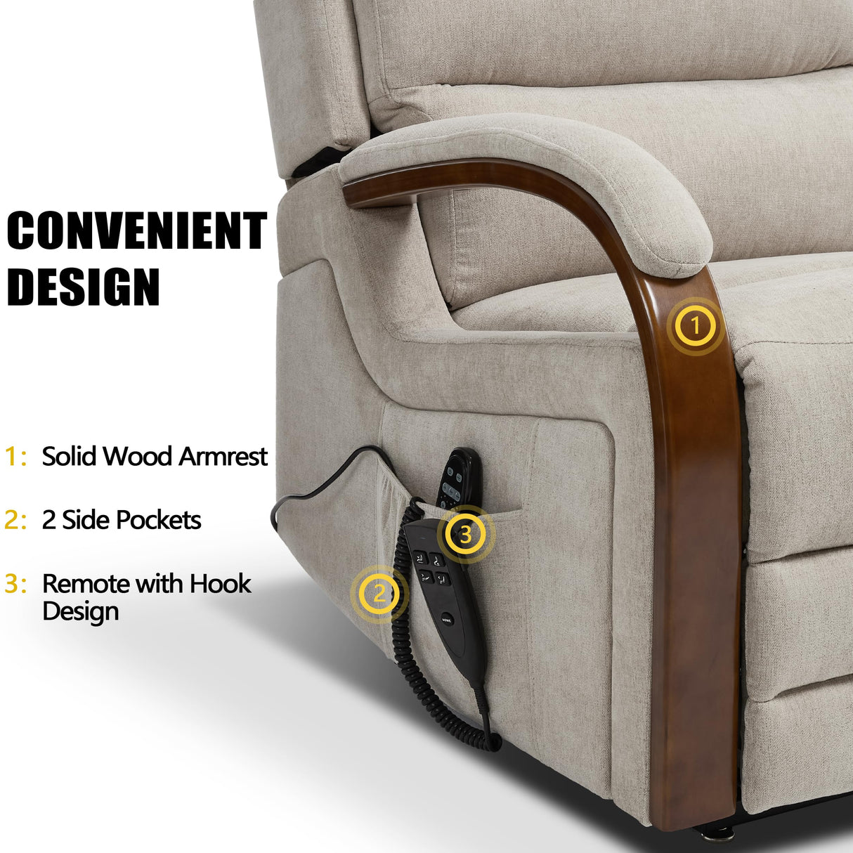 Power Lift Recliner Chair for Elderly People, Dual Motor Lift Chair with Vibration Massage and Heat, Lay Flat Recliner with Solid Wood Armrest, Standing Assistance Reclining, Chenille Fabric Beige EZZUP