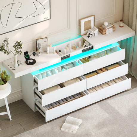 White Dresser with LED Lights,6 Drawer Dresser for Bedroom Sliding Desktop and Power Outlet Modern Wood Chest of Drawers for Closet Organizer Cabinet for Bedroom, Living Room, Entryway, Hallway Vipbear
