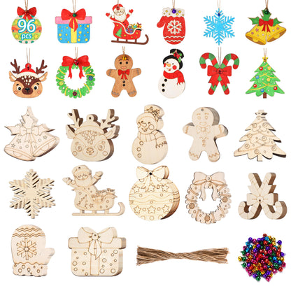 96 Pcs Wooden Christmas Ornaments Unfinished Wood Slices, Wooden Christmas Tree Hanging Ornaments for DIY Art Craft with 12 Styles, DIY Wooden Christmas Ornaments Hanging Decorations Kit