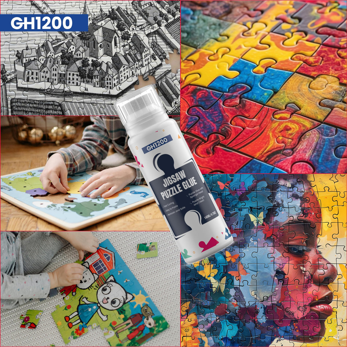 2 Pack 140ml Jigsaw Puzzle Glue with New Sponge Head, Suitable for 1000/3000/5000 Pieces of Paper and Wood Puzzle Glue Clear Water-Soluble Quick Dry Jigsaw Puzzle Glue, 280ml GH1200