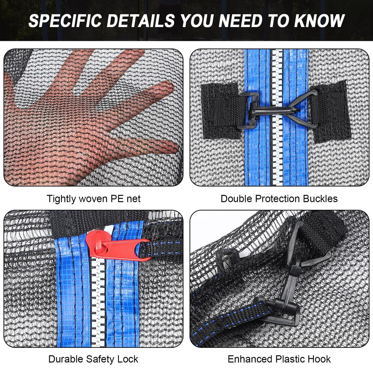 Trampoline Net Replacement Trampoline Safety Round Frame Enclosure Weather Resistant Breathable Net with Double Headed Zippers(6 Straight Poles,16 FT) Jexine