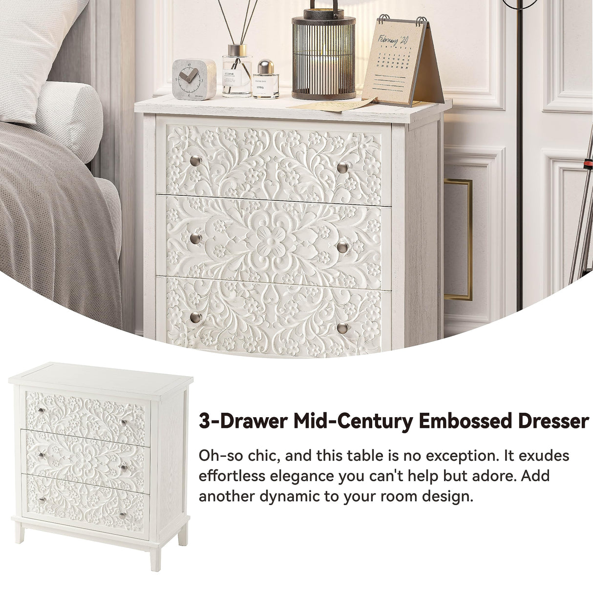 COZAYH 3-Drawer Fully-Assembled Flower Motif Dresser for French Country, Farmhouse, Modern, Rustic Style, Distressed Finish, White-Washed COZAYH
