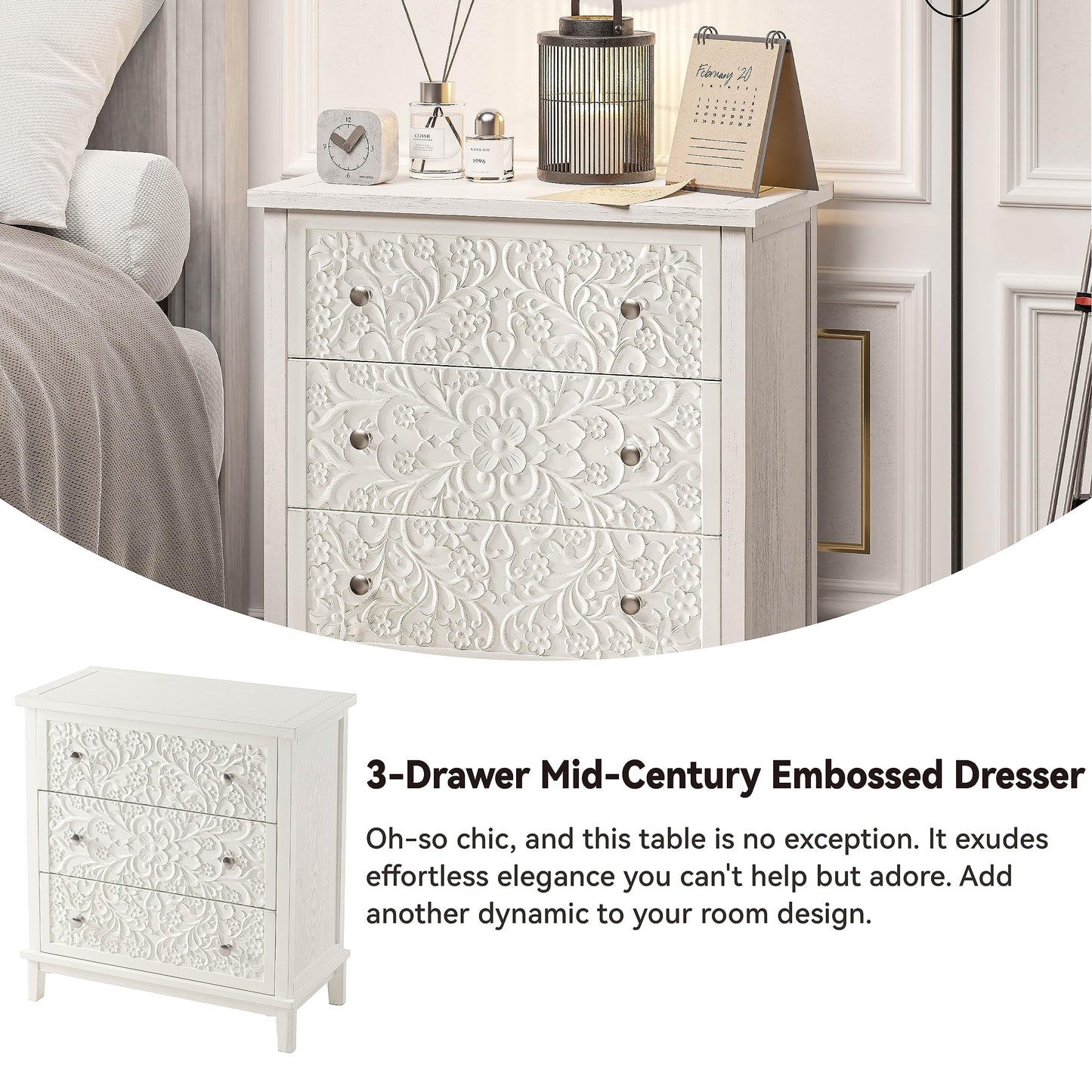 COZAYH 3-Drawer Fully-Assembled Flower Motif Dresser for French Country, Farmhouse, Modern, Rustic Style, Distressed Finish, White-Washed - WoodArtSupply