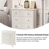 COZAYH 3-Drawer Fully-Assembled Flower Motif Dresser for French Country, Farmhouse, Modern, Rustic Style, Distressed Finish, White-Washed COZAYH