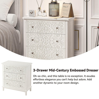 COZAYH 3-Drawer Fully-Assembled Flower Motif Dresser for French Country, Farmhouse, Modern, Rustic Style, Distressed Finish, White-Washed - WoodArtSupply