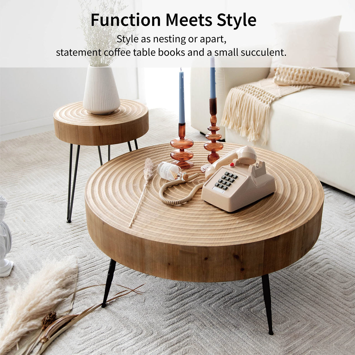 LONYKE 2-Piece Boho Farmhouse Living Room Coffee Table Set, Nesting Table Round Natural Finish with Handcrafted Wood Ring Motif, French Country Decor, Round LONYKE