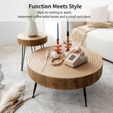 LONYKE 2-Piece Boho Farmhouse Living Room Coffee Table Set, Nesting Table Round Natural Finish with Handcrafted Wood Ring Motif, French Country Decor, Round LONYKE