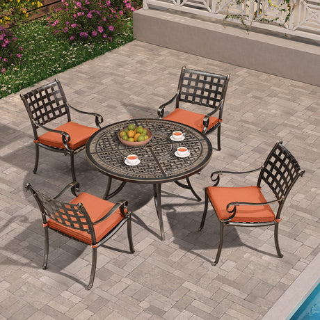 PURPLE LEAF Patio Dining Set Cast Aluminum 5-Piece Patio Furniture Set with 4 Dining Armchairs and 47" Round Table, 4 Cushions Included, for Lawn Yard Garden, Lattice Brick Red Outdoor Dining Set PURPLE LEAF