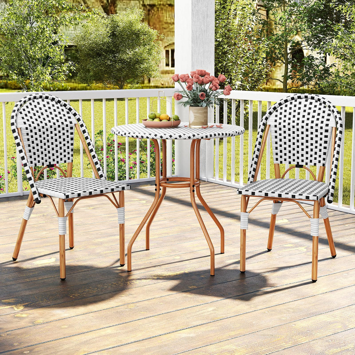 Tangkula 3 Piece French Bistro Table Chair Set, Outdoor Wicker Round Table & 2 Dining Chairs with Metal Support, Outside Accent Dining Furniture Set for Garden, Balcony, Porch Tangkula