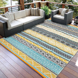 GAOMON Outdoor Rug 9'x12' Waterproof Rug for Patio Decor, Foldable Reversible Plastic Straw Area Rugs Mat for Camper, Outside Carpet for Deck, Porch, Picnic, Beach, Teal/Yellow(Bohemia) GAOMON