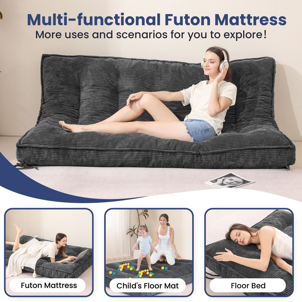 cidludto 8 Inch Queen Size Futon Mattress, Extra Thick Futon Sofa Bed Upgraded Japanese Floor Mattress Queen Floor Futons Mattresses with Tie Foldable Japanese Futon Mattress 8", Grey cidludto