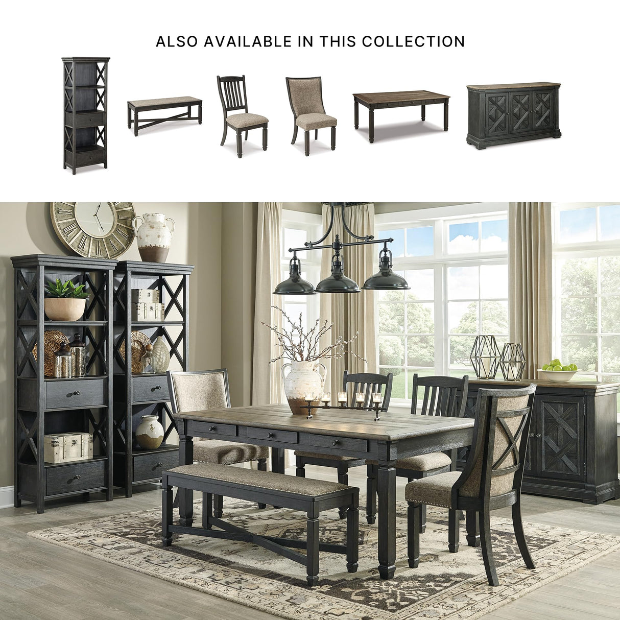 Signature Design by Ashley Tyler Creek Casual Farmhouse 75" Display Cabinet or Bookcase with Drawers and Shelf, Open Lattice Sides, Wood, Gray Black Finish Signature Design by Ashley