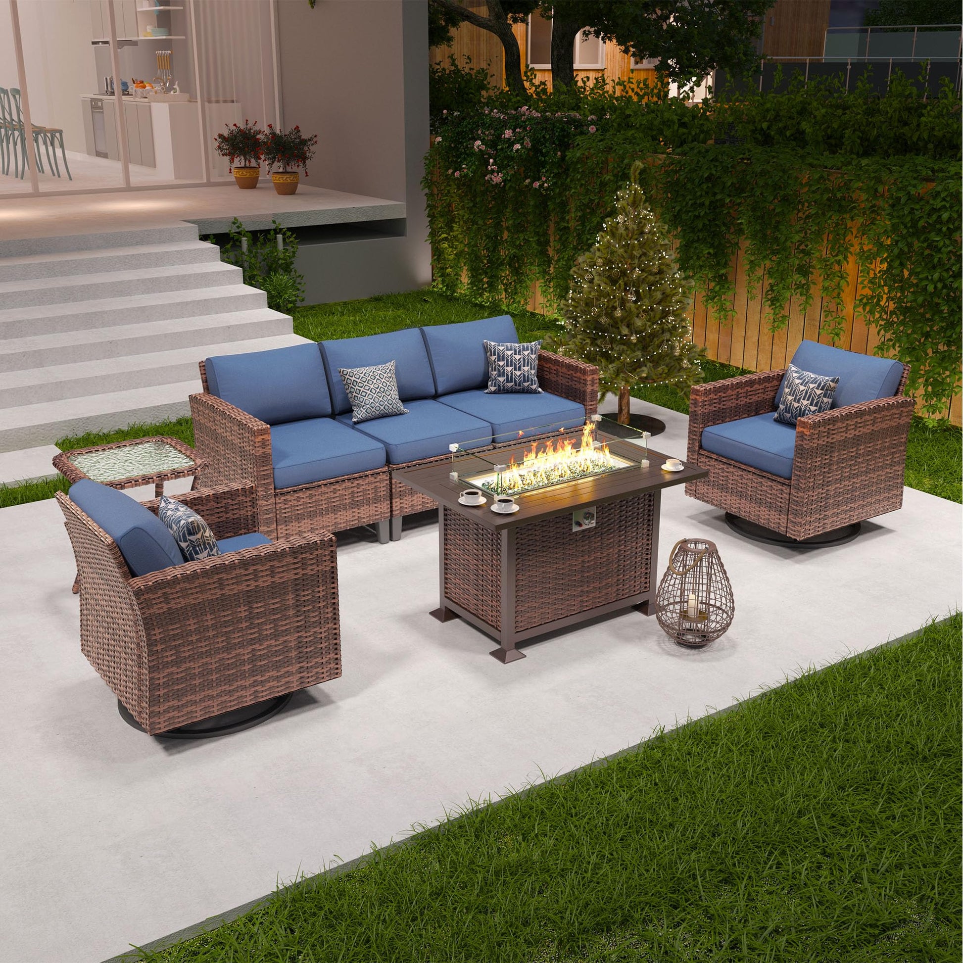 Amopatio Patio Furniture Set with Fire Pit Table, Outdoor Furniture Sectional Sofa with Swivel Chairs, Modern Conversation Sets for Balcony Backyard, Navy（Include Waterproof Covers ） - WoodArtSupply