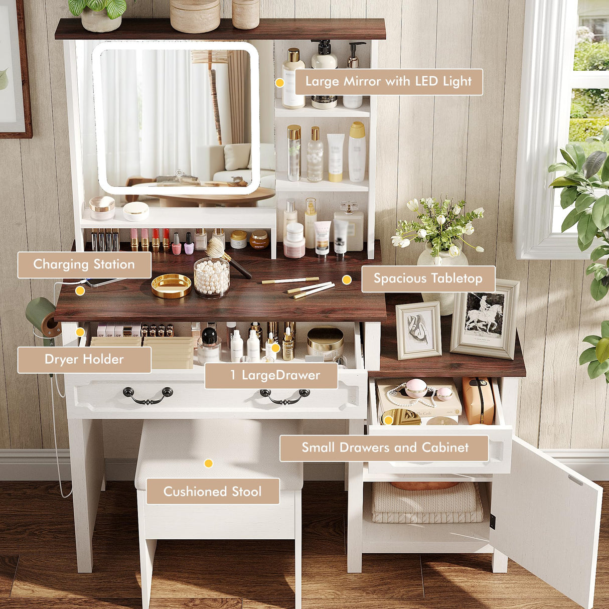 Maupvit Farmhouse Makeup Vanity Desk with LED-Light Mirror with Charging Station and Bedside Table ，3 Lighting Color Adjustable，White Vanity Desk Set with Large Drawers for Bedroom Maupvit