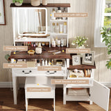 Maupvit Farmhouse Makeup Vanity Desk with LED-Light Mirror with Charging Station and Bedside Table ，3 Lighting Color Adjustable，White Vanity Desk Set with Large Drawers for Bedroom Maupvit