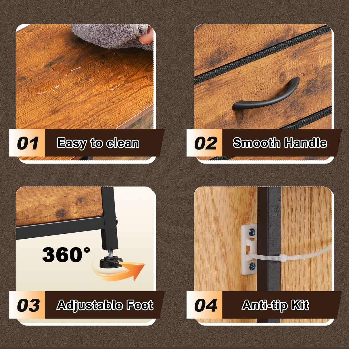 EKNKOZY Dresser with 8 Drawers, Chest of Drawers with LED Lights & Power Outlets, TV Stand Dresser for Bedroom, Wide Fabric Dresser with Shelf for Storage and Organization (Rustic Brown) EKNKOZY