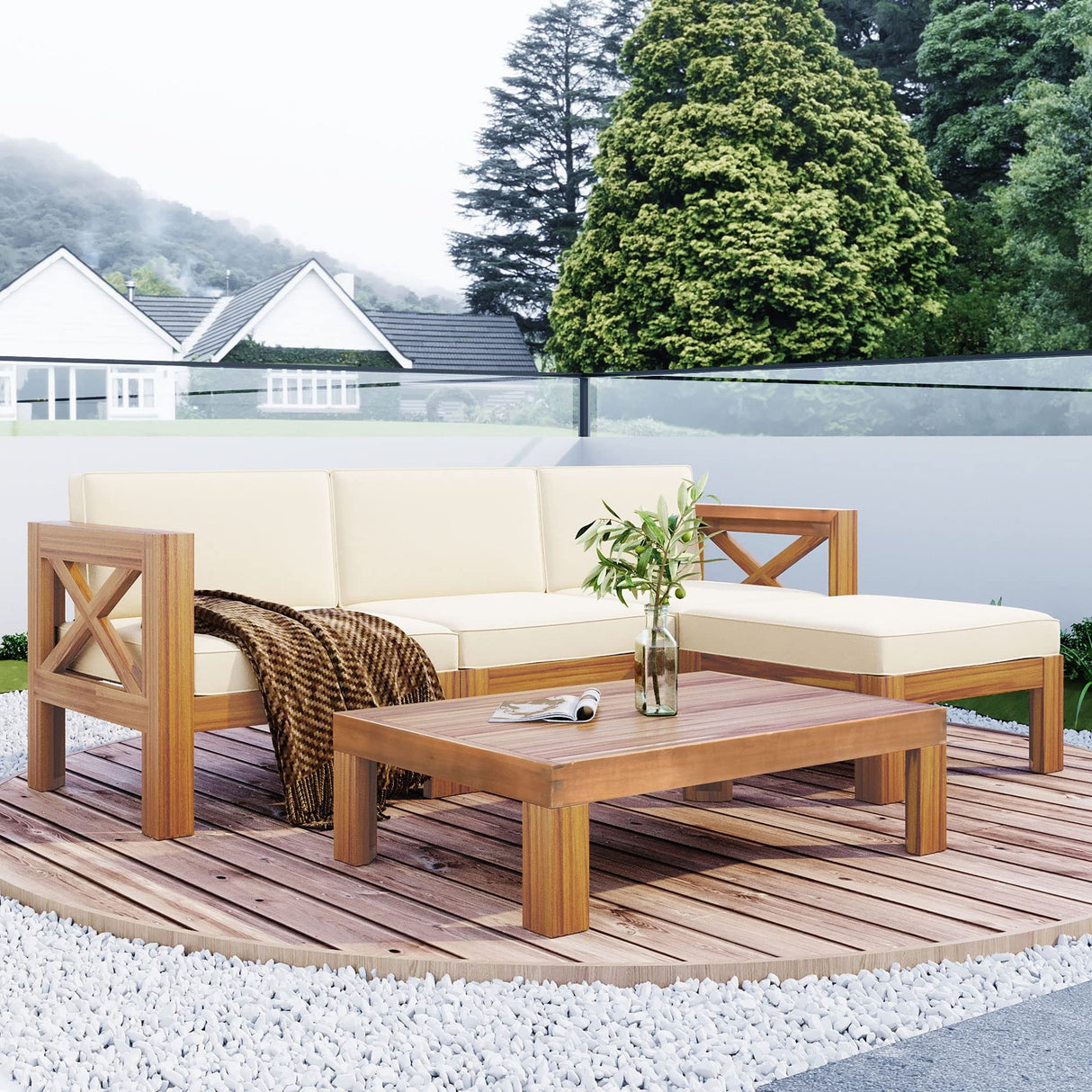 YSWH 5-Piece Patio Acacia Wood Outdoor Furniture Sectional Conversation Sets Sofa Set with Slatted Tabletop Tea Table and X-Back Wood Frame, Removable Cushions YSWH