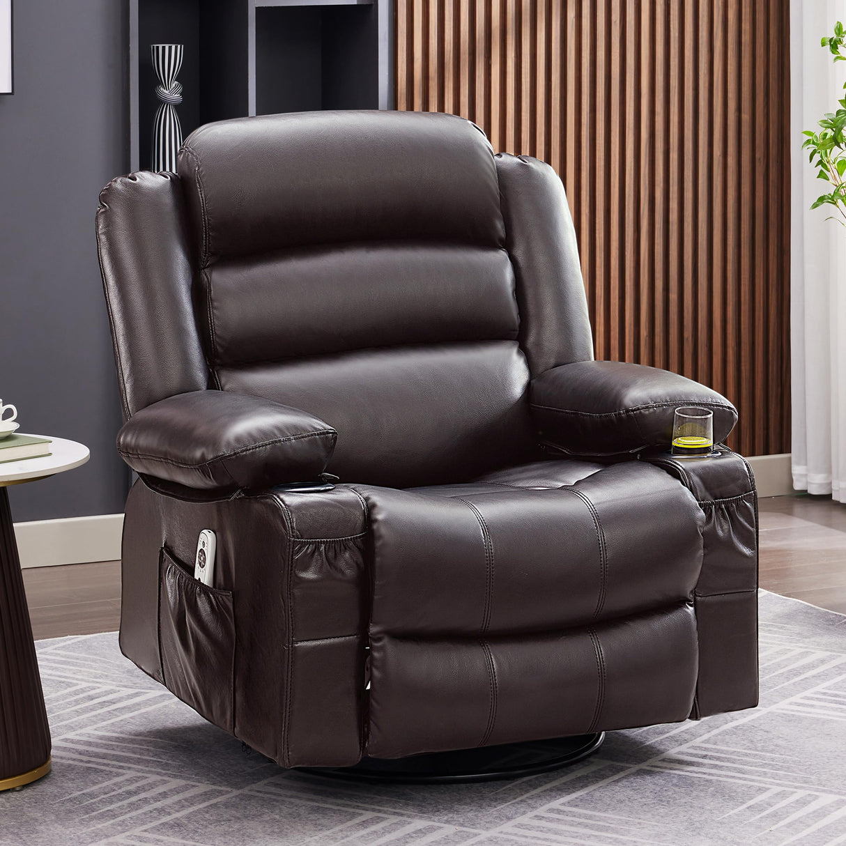 Huatean Home Rocker Recliner Chair with Heat and Massage, 360° Swivel Recliner Chairs for Adults, Oversized Recliner Single Sofa Seat with Cup Holders, Lazy Boy Recliner (Darkbrown, Regular) Huatean Home