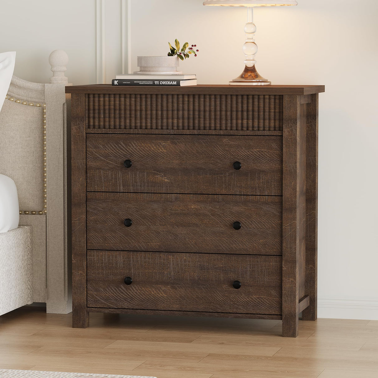 GarveeHome 3 Drawer Dresser, Modern Fluted Nightstand, Wooden Chest of Drawers, Storage End Table Organizer for Bedroom, Living Room, Hallway, Walnut GarveeHome