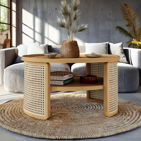 GDFStudio 31.5" Modern Round Coffee Table, 2-Tier Natural Wood Coffee Tables with Rattan Storage Base, Curved Edge Design Boho Center Table for Living Room Bedroom Office Cafe, Natural GDFStudio