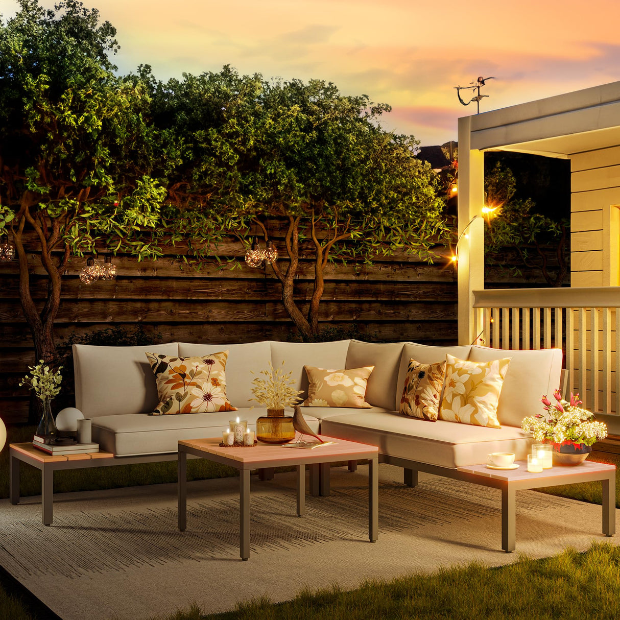 NATURAL EXPRESSIONS Patio Furniture Sets, L Shape Patio Sectional Metal Outdoor Sectional Corner Sofa Outdoor Couch with Detachable Backrest,3 Fauxwood Tables,5” Grey Olefin Cushions NATURAL EXPRESSIONS