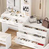 Rovaurx 65" Vanity Desk with Lighted Mirror and Lights, 8 Drawers Makeup Vanity Table with Storage Shelf, Modern Vanity with Mirror, Dressing Table for Bedroom, Adjustable Width, White RSZT109W Rovaurx