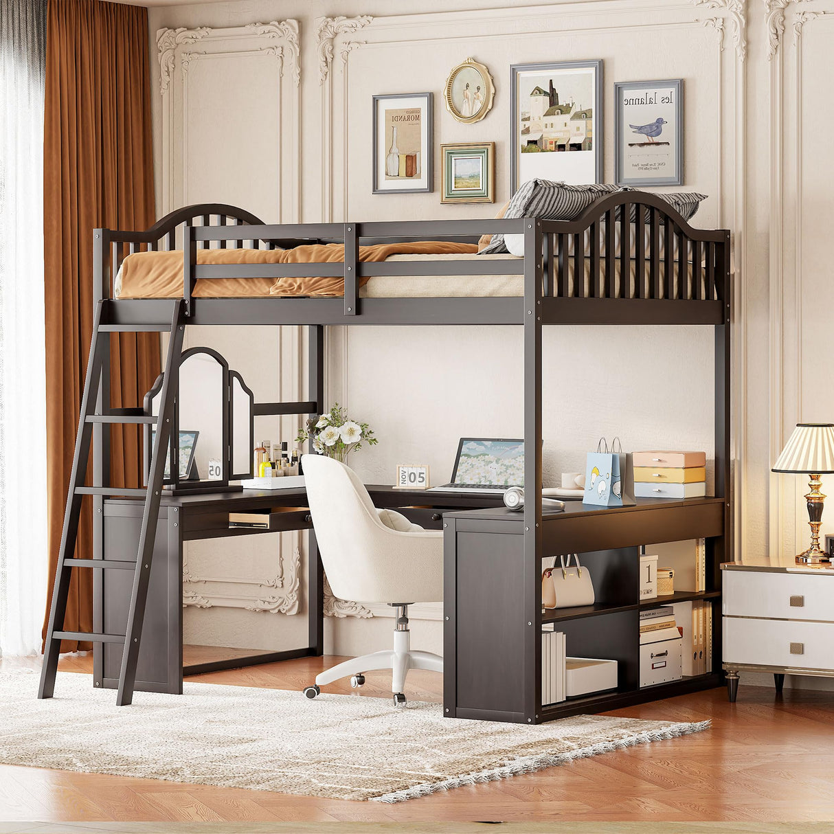 Harper & Bright Designs Full Size Loft Bed with Stairs, Solid Wood Full Loft Bed with 2 Four-Layer Storage Cabinets and Curtain, Full Storage Bed Frame for Kids Teens,White+Blue Harper & Bright Designs