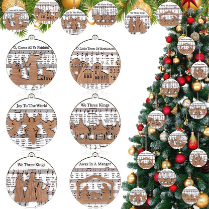 Shellwei 24 Pcs Christmas Nativity Story Wooden Ornaments Set Bulk Christian Music Sheet Nativity Ornament Nativity Scene Hanging Ornaments Xmas Tree Ornaments Religious Gift for Family(Delicate)