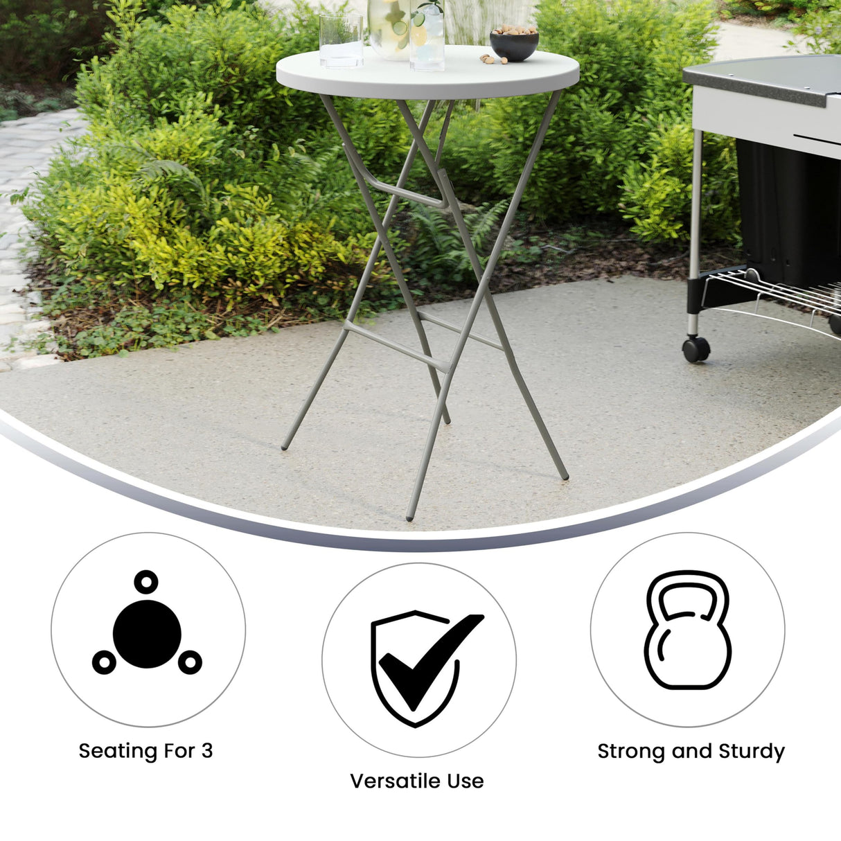 Flash Furniture Elon 2.6' Round Folding Bar Height Table for Parties and Commercial Events, Indoor/Outdoor Plastic Bar Height Folding Table, White Flash Furniture